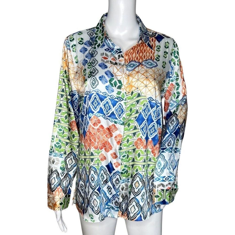 Chicos‎ Shirt M Colorful Geometric Print Button Down Blouse Artsy Lagenlook Top